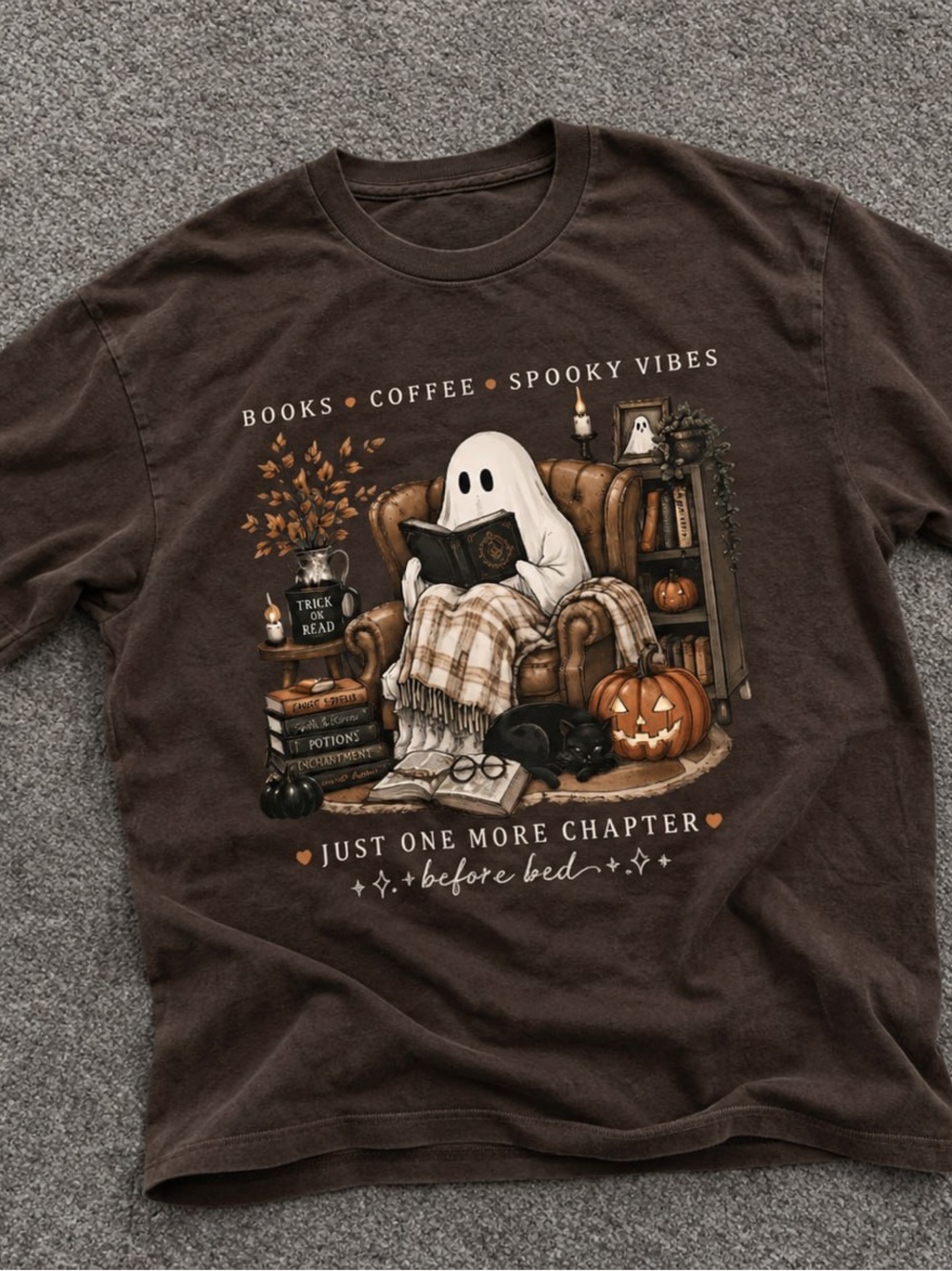 “Just One More Chapter' Cozy Ghost Gildan Brown Graphic Tee